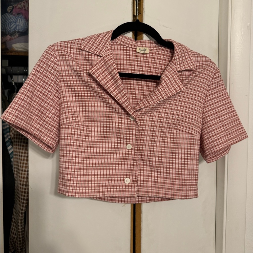 Pink Cropped Gingham Plaid Brandy Melville/John Galt Vivian Sweater Top